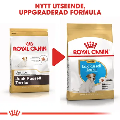 Royal Canin Jack Russell Terrier Junior och Puppy hundfoder, bild visar nytt utseende och uppgraderad formula. Text: NYTT UTSEENDE, UPPGRADERAD FORMULA.