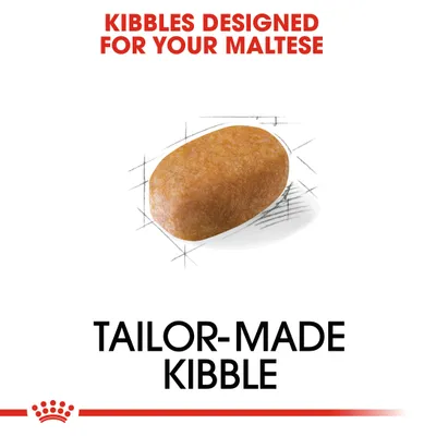 KIBBLES DESIGNED FOR YOUR MALTESE. TAILOR-MADE KIBBLE (κείμενο στα αγγλικά) με εικόνα κροκέτας.