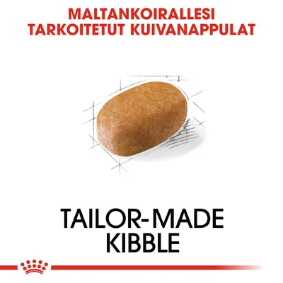 Maltankoirallesi tarkoitetut kuivanappulat. Tailor-made kibble. Kuvassa yksittäinen nappula, Royal Canin -brändin kruunusymboli alareunassa.