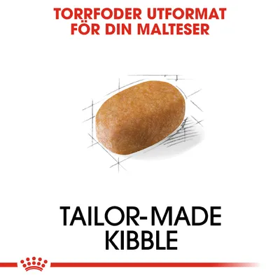 Text: Torrfoder utformat för din malteser. Bild på ett torrfoderkorn. Text: Tailor-made kibble.