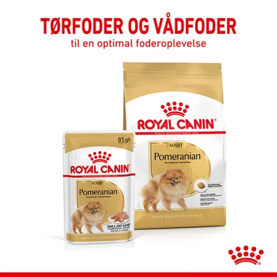 ROYAL CANIN ADULT Pomeranian tørfoder og vådfoder. Tekst: TØRFODER OG VÅDFODER til en optimal foderoplevelse. 85 g/r på vådfoderet. Billede af Pomeranian hund på emballagen.