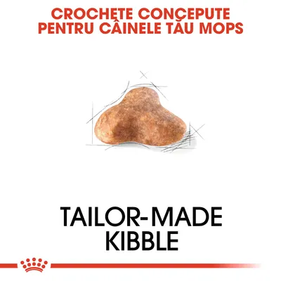 CROCHETE CONCEPUTE PENTRU CÂINELE TĂU MOPS. Imagine cu o croșetă de hrană uscată. Text suplimentar: TAILOR-MADE KIBBLE.
