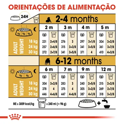 Tabela de orientações de alimentação para cachorros de 2 a 12 meses, com doses diárias em gramas e chávenas, por peso adulto: 18 kg, 24 kg, 30 kg. 1 chávena = 240 ml (≈96 g).