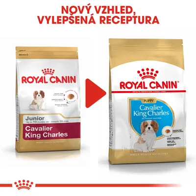 Porovnání starého a nového balení krmiva Royal Canin Cavalier King Charles pro štěňata, nápis: Nový vzhled, vylepšená receptura.