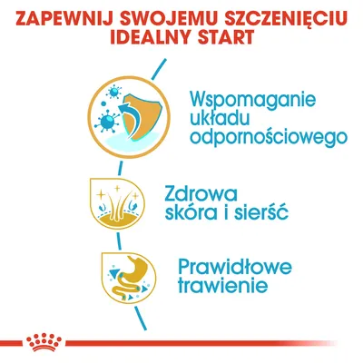 Zapewnij swojemu szczenięciu idealny start: wspomaganie układu odpornościowego, zdrowa skóra i sierść, prawidłowe trawienie.