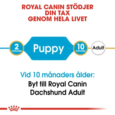 Royal Canin stöder din tax genom hela livet. Puppy 2 månader till 10 månader, därefter Adult. Vid 10 månaders ålder: Byt till Royal Canin Dachshund Adult.