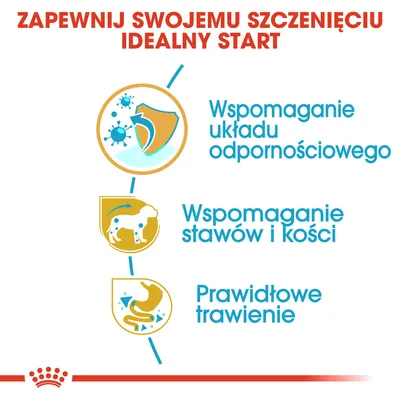 Zapewnij swojemu szczeniakowi idealny start: wspomaganie układu odpornościowego, wspomaganie stawów i kości, prawidłowe trawienie. Tekst w języku polskim.