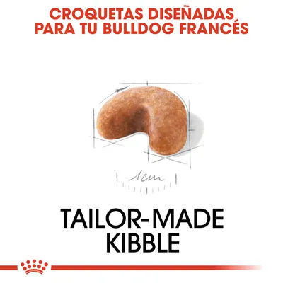 Croquetas diseñadas para tu Bulldog Francés. Imagen de una croqueta con tamaño aproximado de 1 cm. Texto en inglés: Tailor-made kibble.
