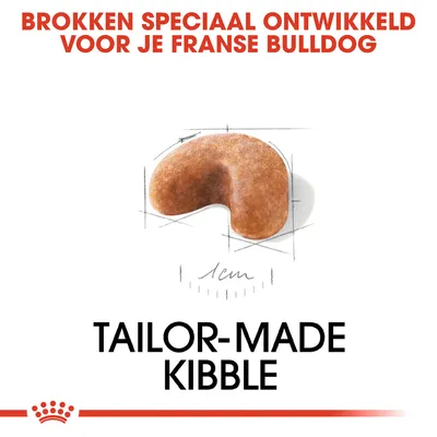 Brokken speciaal ontwikkeld voor je Franse Bulldog, afbeelding van een brok met maatindicatie 1 cm, tekst: tailor-made kibble.