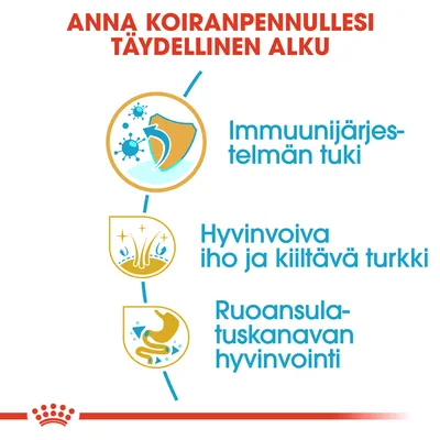 Anna koiranpennullesi täydellinen alku. Immuunijärjestelmän tuki, hyvinvoiva iho ja kiiltävä turkki, ruoansulatuskanavan hyvinvointi.