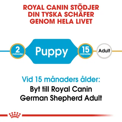 Royal Canin stödjer din tyska schäfer genom hela livet. Vid 15 månaders ålder: Byt till Royal Canin German Shepherd Adult. Puppy från 2 till 15 månader.