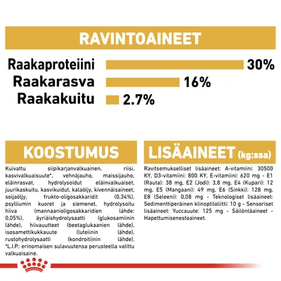 Ravintoaineet: raakaproteiini 30 %, raakarasva 16 %, raakakuitu 2,7 %. Koostumus ja lisäaineet näkyvät yksityiskohtaisesti. Royal Canin -logo alareunassa.