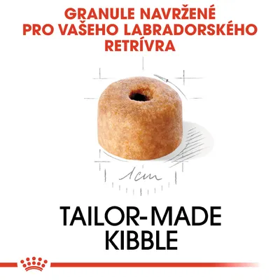 Granule navržené pro vašeho labradorského retrívra, průměr 1 cm, text: TAILOR-MADE KIBBLE