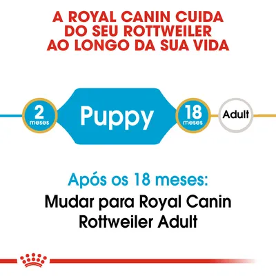A Royal Canin cuida do seu Rottweiler ao longo da vida. Puppy dos 2 aos 18 meses. Após os 18 meses: mudar para Royal Canin Rottweiler Adult.