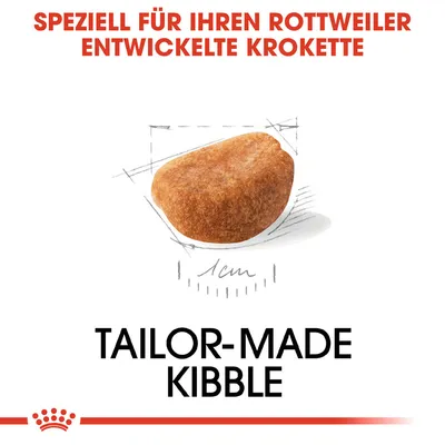 Speziell für Rottweiler entwickelte Krokette, massgeschneidert mit einer Grösse von 1 cm. Royal Canin Logo sichtbar.