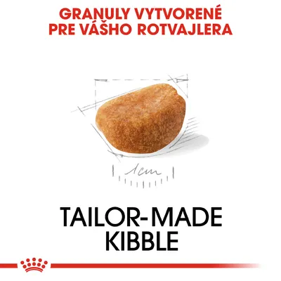 Granuly vytvorené pre vášho rotvajlera, zobrazená veľkosť 1 cm. Text: TAILOR-MADE KIBBLE.