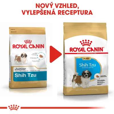Porovnání starého a nového balení krmiva Royal Canin Shih Tzu pro štěňata, nápis: Nový vzhled, vylepšená receptura. Obě balení zobrazují psa Shih Tzu a název produktu.