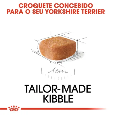 Croquete concebido para o seu Yorkshire Terrier, diagrama com croquete de 1 cm e texto em inglês: Tailor-made kibble.