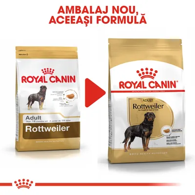 Ambalaj nou, aceeași formulă. Două pungi de hrană uscată Royal Canin Adult Rottweiler, vechiul și noul ambalaj, ambele pentru câini adulți peste 18 luni.