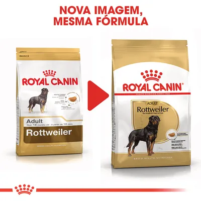 Duas embalagens de ração Royal Canin Adult Rottweiler lado a lado, com texto: 'Nova imagem, mesma fórmula'. Ambas mostram o nome da marca e ilustração de um cão Rottweiler.