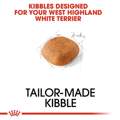 KIBBLES DESIGNED FOR YOUR WEST HIGHLAND WHITE TERRIER. TAILOR-MADE KIBBLE. Κείμενο στα αγγλικά με εικόνα κροκέτας σκύλου στο κέντρο.