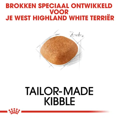 Brokken speciaal ontwikkeld voor je West Highland White Terriër. Tailor-made kibble. Afbeelding van een enkele brok met schetslijnen eromheen.