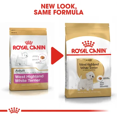 Royal Canin West Highland White Terrier Adult -koiranruoan pakkausuudistus: vasemmalla vanha, oikealla uusi ulkoasu. Teksti ylhäällä: NEW LOOK, SAME FORMULA.