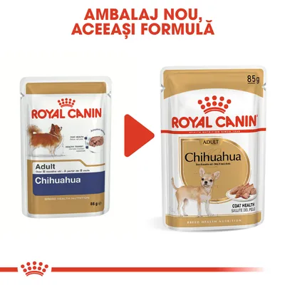 Ambalaj vechi și nou pentru Royal Canin Adult Chihuahua 85g, cu textul „AMBALAJ NOU, ACEEAȘI FORMULĂ” deasupra. Ambele plicuri prezintă imaginea unui câine Chihuahua.