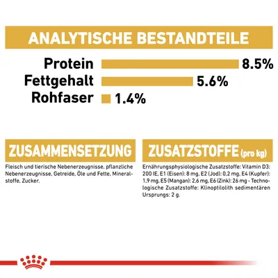 Analytische Bestandteile: Protein 8.5%, Fettgehalt 5.6%, Rohfaser 1.4%. Zusammensetzung: Fleisch, Getreide, Öle, Mineralstoffe, Zucker. Zusatzstoffe pro kg: Vitamine, Eisen, Zink, Mangan.
