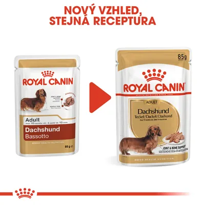 Porovnání starého a nového obalu Royal Canin Adult Dachshund 85 g s textem: Nový vzhled, stejná receptura.
