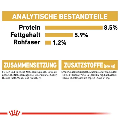 Analytische Bestandteile: Protein 8,5%, Fettgehalt 5,9%, Rohfaser 1,2%. Zusammensetzung: Fleisch, Getreide, Mineralstoffe. Zusatzstoffe pro kg: Vitamin D3 180 IE, Eisen 7 mg, Zink 21 mg.