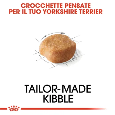 CROCCHETTE PENSATE PER IL TUO YORKSHIRE TERRIER. TAILOR-MADE KIBBLE. Crocchetta singola mostrata al centro dell'immagine.