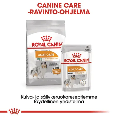 Royal Canin Coat Care -kuivaruoka ja 85 g säilykeruoka, teksti: CANINE CARE -RAVINTO-OHJELMA. Kuiva- ja säilykeruokareseptiemme täydellinen yhdistelmä.