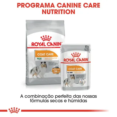 Royal Canin Coat Care, embalagem de ração seca Mini e saqueta húmida All Sizes. Texto: Programa Canine Care Nutrition. A combinação perfeita das nossas fórmulas secas e húmidas.