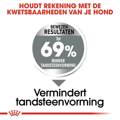 Houdt rekening met de kwetsbaarheden van je hond. Bewezen resultaten: tot 69% minder tandsteenvorming. Vermindert tandsteenvorming.