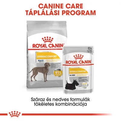 Royal Canin Dermacomfort Maxi száraz és All Sizes nedves kutyaeledel csomagolás, 91% felirat, szöveg: Száraz és nedves formulák tökéletes kombinációja.