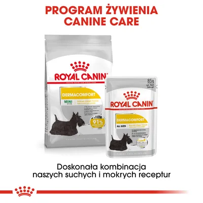ROYAL CANIN DERMACOMFORT MINI karma sucha i mokra ALL SIZES, opakowania z widocznym psem. Program żywienia Canine Care. 91 % rezultat potwierdzony. 85 g.