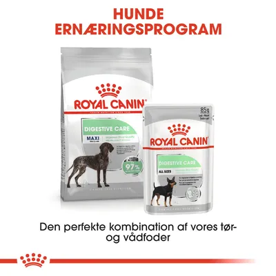 Royal Canin Digestive Care tørfoder MAXI og vådfoder ALL SIZES til hunde. Tekst: HUNDE ERNÆRINGSPROGRAM. Den perfekte kombination af vores tør- og vådfoder.