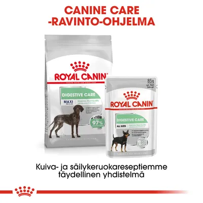 Royal Canin Digestive Care -koiranruokapakkaus ja -annospussi, teksti: CANINE CARE -RAVINTO-OHJELMA. Kuiva- ja säilykeruokareseptiemme täydellinen yhdistelmä.