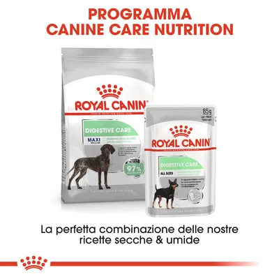 ROYAL CANIN Digestive Care Maxi secco e Digestive Care All Sizes umido, programma Canine Care Nutrition. Testo: La perfetta combinazione delle nostre ricette secche & umide.