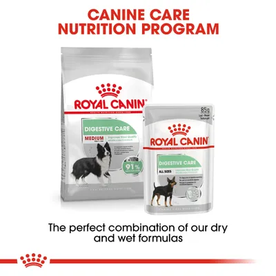 Royal Canin Digestive Care dry and wet food shown with text: Canine Care Nutrition Program. The perfect combination of our dry and wet formulas. Improves stool quality.