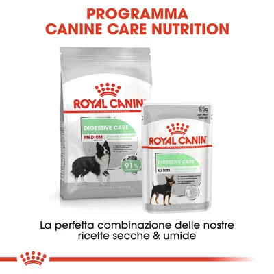 Royal Canin Digestive Care Medium crocchette e Digestive Care All Sizes umido, confezioni visibili. Testo: Programma Canine Care Nutrition. 85 g. La perfetta combinazione di ricette secche & umide.