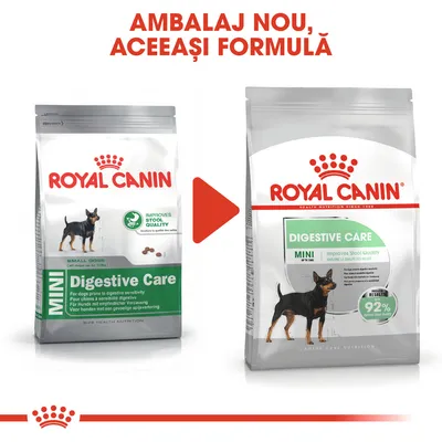 Ambalaj nou, aceeași formulă. Royal Canin Mini Digestive Care pentru câini de talie mică, vizibile două variante de ambalaj cu textul 'Improves Stool Quality' și '92% optimal stool quality'.