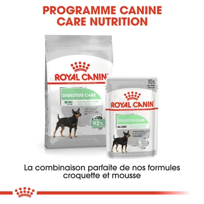 ROYAL CANIN Digestive Care MINI croquettes et Digestive Care ALL SIZES mousse, texte visible : 92 % de réussite, 85 g, la combinaison parfaite de nos formules croquette et mousse.