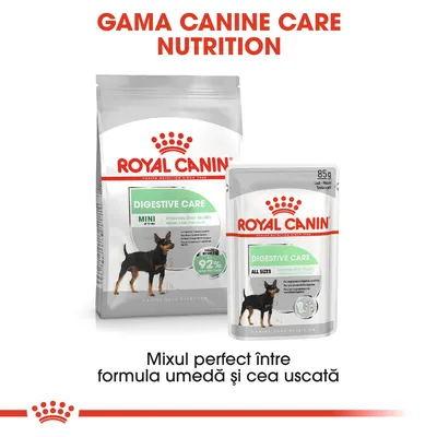 Pachet și plic Royal Canin Digestive Care pentru câini, text vizibil: Gama Canine Care Nutrition, Mixul perfect între formula umedă și cea uscată, 85g, MINI, ALL SIZES, 92%