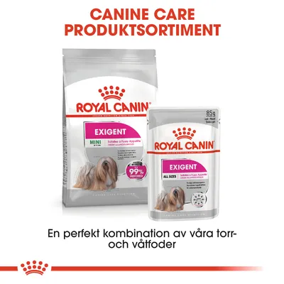 Royal Canin Exigent Mini torrfoderpåse och Exigent All Sizes våtfoder 85 g. Text: Canine Care produktsortiment. En perfekt kombination av våra torr- och våtfoder.