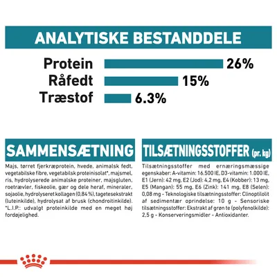Analytiske bestanddele: Protein 26 %, Råfedt 15 %, Træstof 6,3 %. Sammensætning og tilsætningsstoffer pr. kg med detaljeret ingrediens- og vitaminliste synlig.