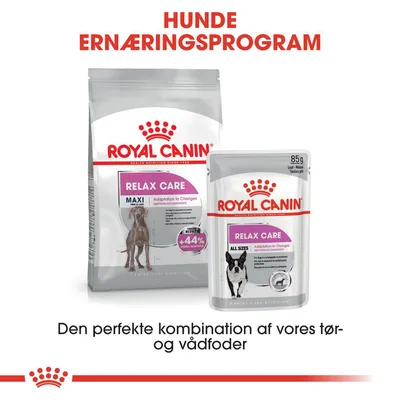 Royal Canin Relax Care tørfoder MAXI og vådfoder ALL SIZES. Tekst: HUNDE ERNÆRINGSPROGRAM. Den perfekte kombination af vores tør- og vådfoder. 85 g, +44 % mental selvkontrol.