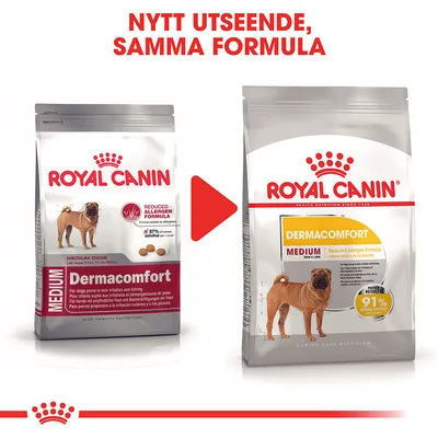 Royal Canin Dermacomfort Medium hundfoder, bild på gammal och ny förpackning. Text: Nytt utseende, samma formula. Synlig text: Reduced Allergen Formula, 91 % owners satisfied.