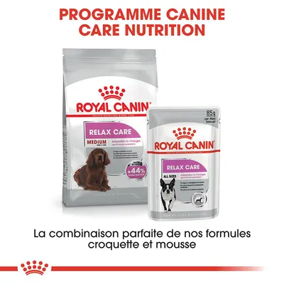 ROYAL CANIN Relax Care Medium croquettes et Relax Care All Sizes mousse pour chien, texte visible : Programme Canine Care Nutrition, la combinaison parfaite de nos formules croquette et mousse.